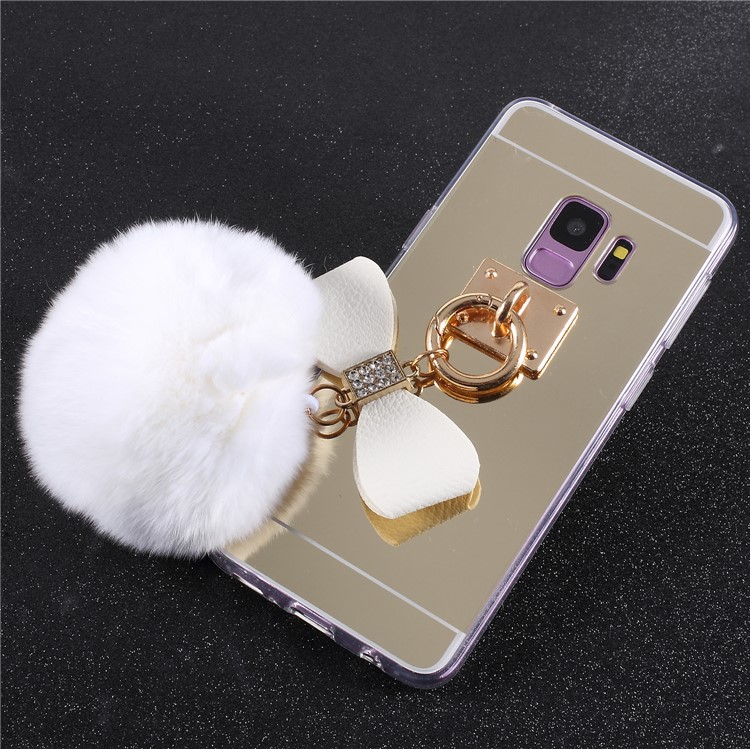 Soft Furry Ball Fingering Holder Mirror Surface TPU Case for Samsung Galaxy S9 SM-G960 - White-1