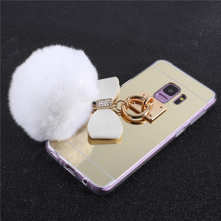 Soft Furry Ball Fingering Holder Mirror Surface TPU Case for Samsung Galaxy S9 SM-G960 - White-2
