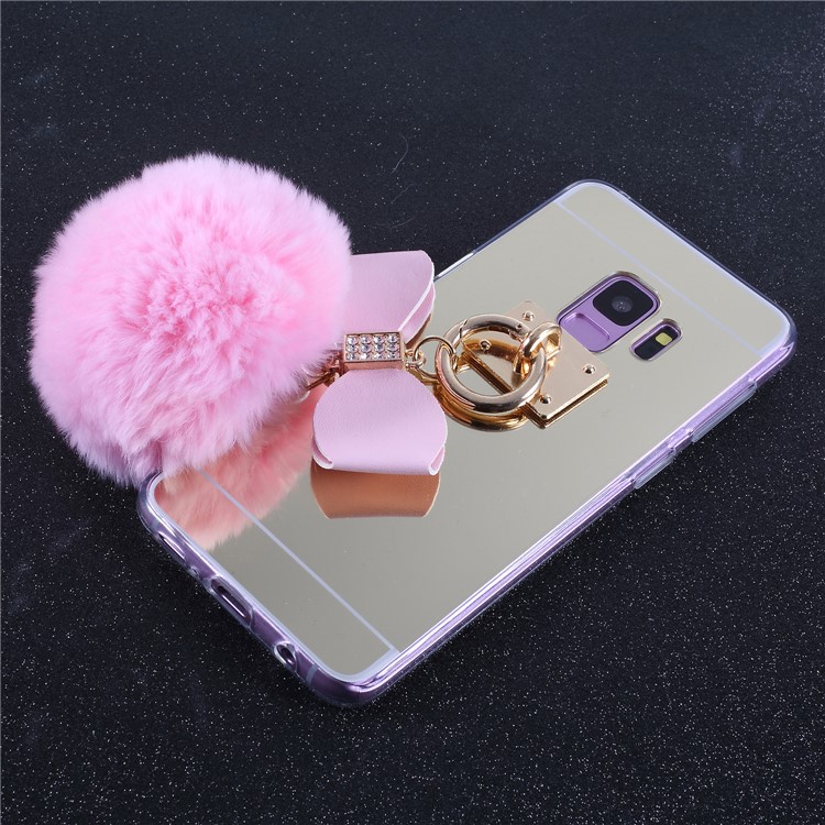 Soft Furry Ball Fingering Holder Mirror Surface TPU Phone Shell for Samsung Galaxy S9 SM-G960 - Pink-2