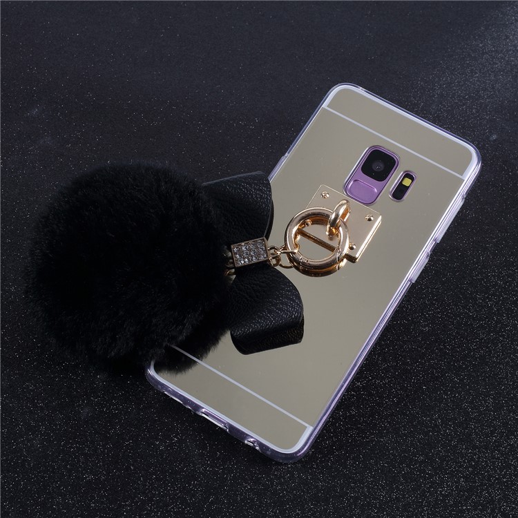 Soft Furry Ball Fingering Holder Mirror Surface TPU Phone Casing for Samsung Galaxy S9 SM-G960 - Black-1