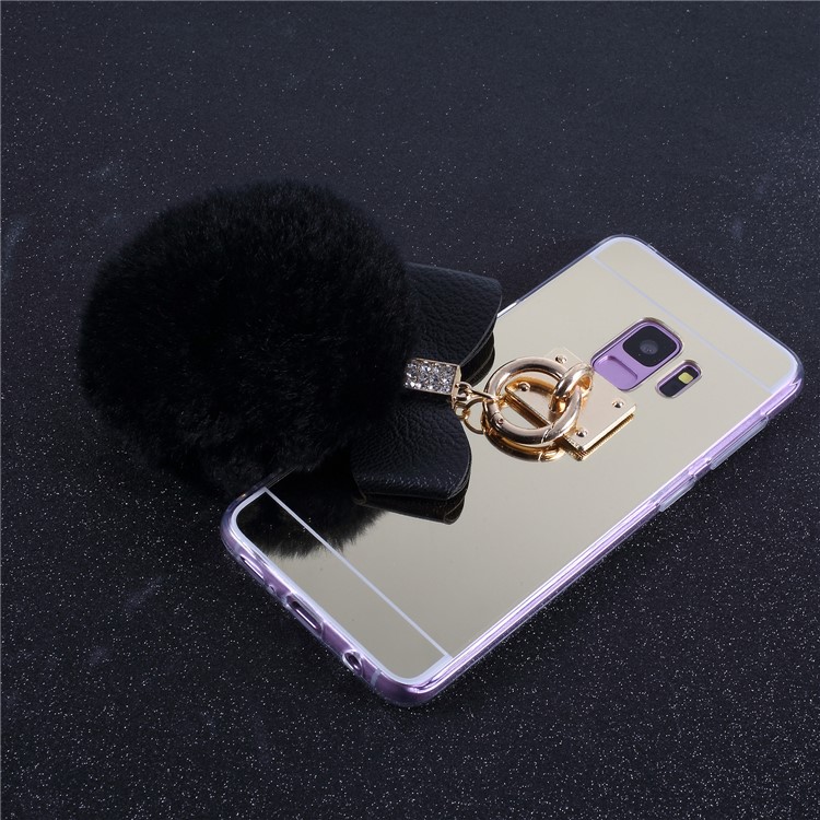 Soft Furry Ball Fingering Holder Mirror Surface TPU Phone Casing for Samsung Galaxy S9 SM-G960 - Black-2