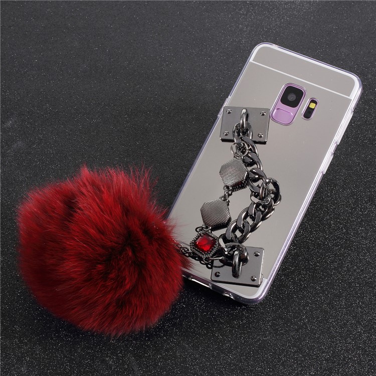 Electroplated Mirror Surface TPU Soft Case with Crystals Links and Fur Ball Decor for Samsung Galaxy S9 G960 - Red-1