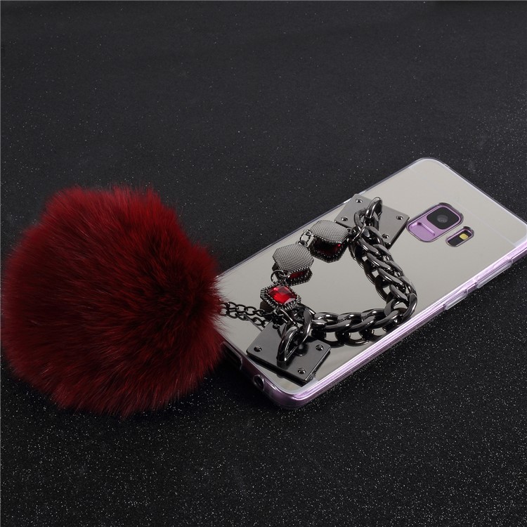 Electroplated Mirror Surface TPU Soft Case with Crystals Links and Fur Ball Decor for Samsung Galaxy S9 G960 - Red-2