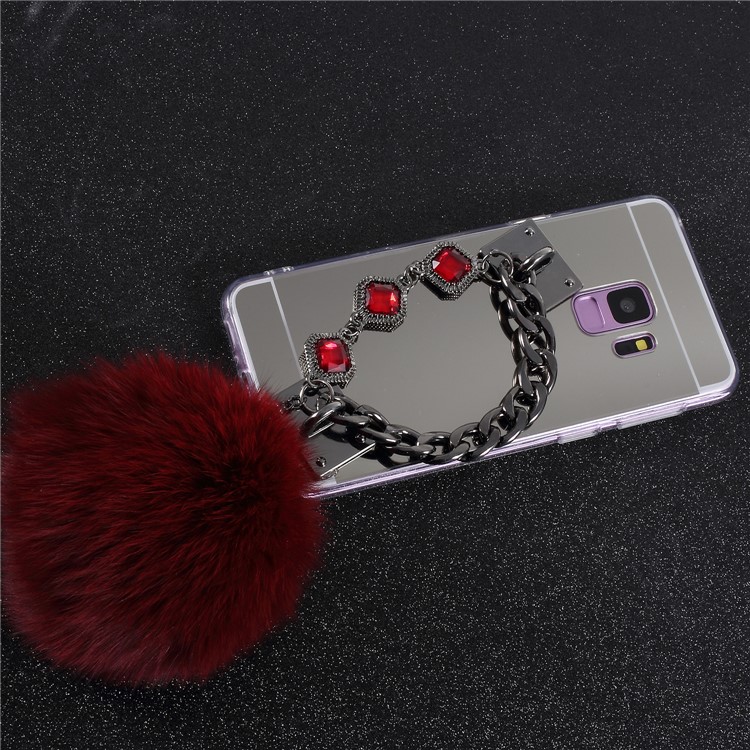 Electroplated Mirror Surface TPU Soft Case with Crystals Links and Fur Ball Decor for Samsung Galaxy S9 G960 - Red-3