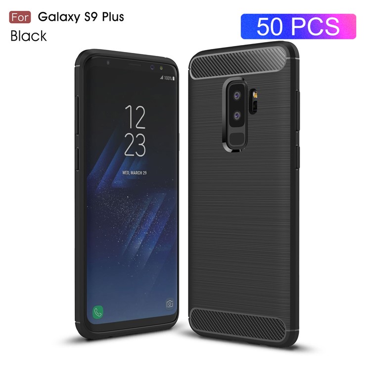 50PCS/Lot Carbon Fibre Brushed TPU Case for Samsung Galaxy S9+ SM-G965 - Black-1