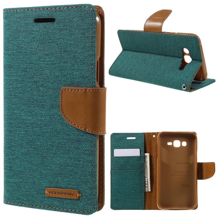 MERCURY GOOSPERY Canvas Leather Stand Cover for Samsung Galaxy J7 SM-J700F - Green-1