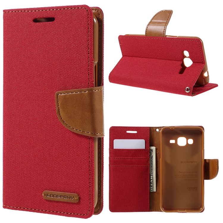 MERCURY GOOSPERY Canvas Leather Wallet Case Cover for Samsung Galaxy J3 / J3 (2016) - Red-1