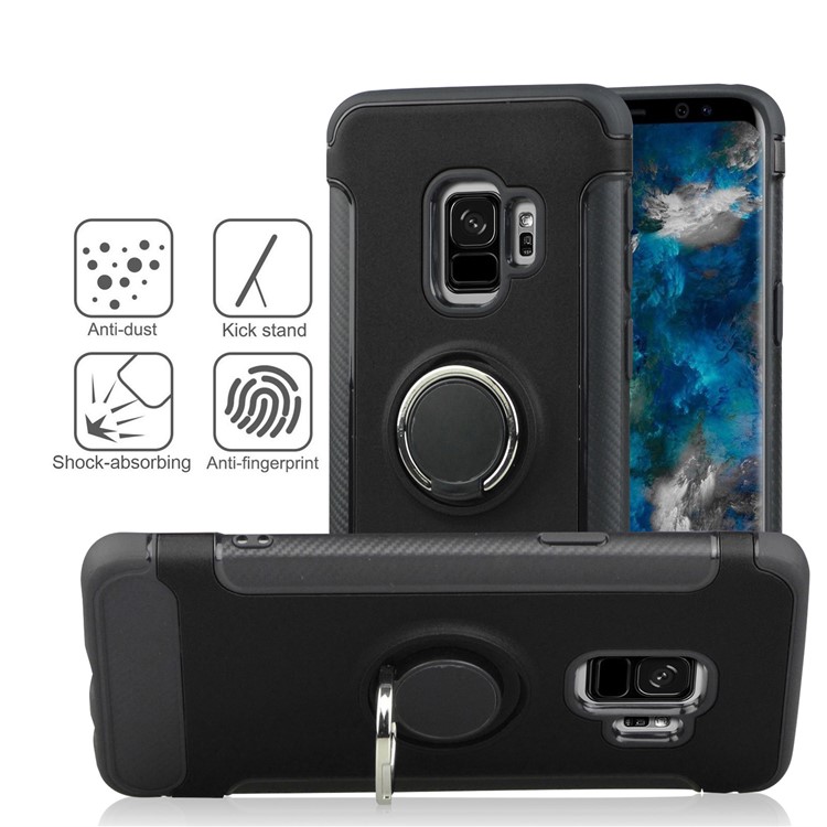 ANGIBABE Carbon Fiber Texture Kickstand TPU+PC Hybrid Case for Samsung Galaxy S9 SM-G960 - Black-2