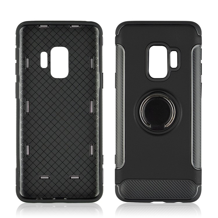 ANGIBABE Carbon Fiber Texture Kickstand TPU+PC Hybrid Case for Samsung Galaxy S9 SM-G960 - Black-3