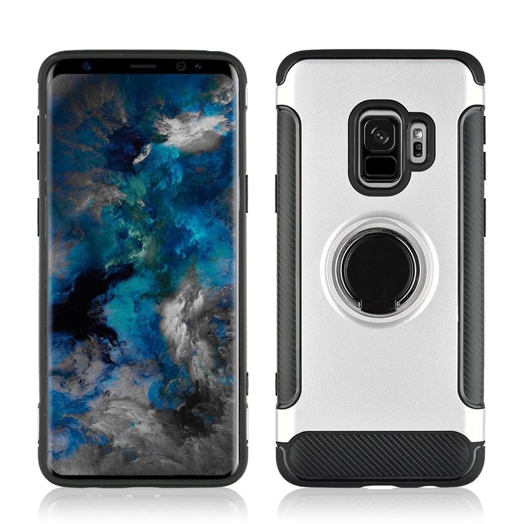 ANGIBABE Carbon Fiber Texture Kickstand TPU+PC Hybrid Shell Case for Samsung Galaxy S9 SM-G960 - Silver-1
