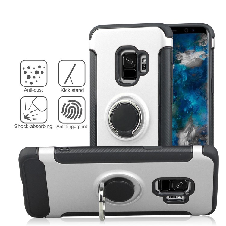 ANGIBABE Carbon Fiber Texture Kickstand TPU+PC Hybrid Shell Case for Samsung Galaxy S9 SM-G960 - Silver-2