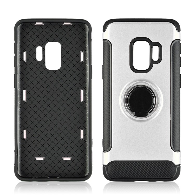 ANGIBABE Carbon Fiber Texture Kickstand TPU+PC Hybrid Shell Case for Samsung Galaxy S9 SM-G960 - Silver-3
