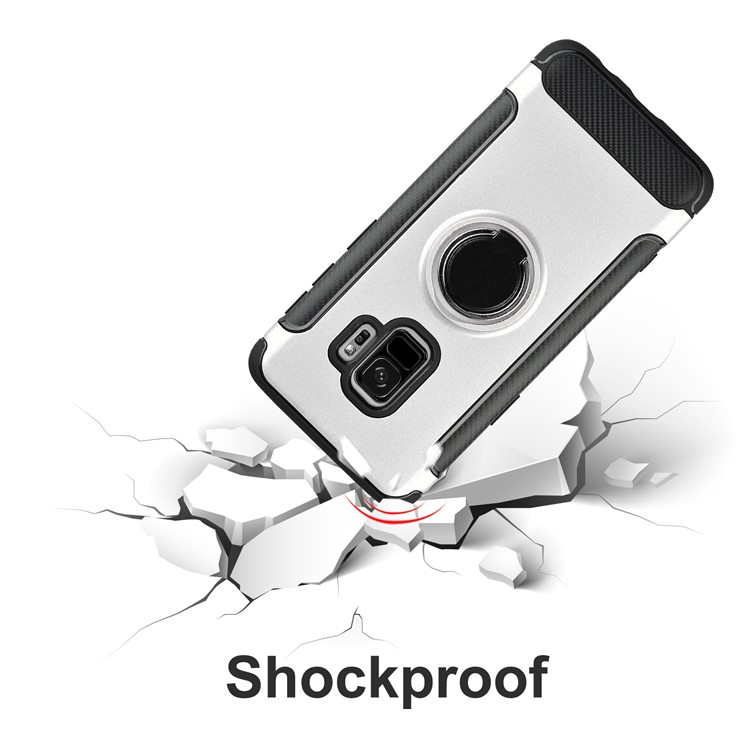 ANGIBABE Carbon Fiber Texture Kickstand TPU+PC Hybrid Shell Case for Samsung Galaxy S9 SM-G960 - Silver-6