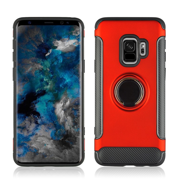 

ANGIBABE Carbon Fiber Texture Kickstand TPU+PC Hybrid Shell for Samsung Galaxy S9 SM-G960 - Red