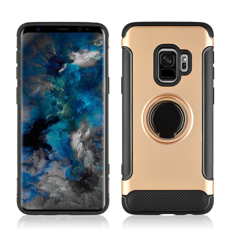 Soporte Híbrido De La Textura De La Fibra De Carbono De TPU + PC De La Textura De La Fibra De Carbono Para La Galaxia S9 SM-G960 De Samsung - Oro Rosa-1