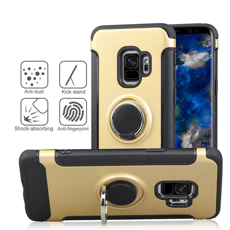 ANGIBABE Carbon Fiber Texture Kickstand TPU+PC Combo Case for Samsung Galaxy S9 SM-G960 - Gold-2