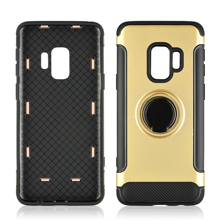 ANGIBABE Carbon Fiber Texture Kickstand TPU+PC Combo Case for Samsung Galaxy S9 SM-G960 - Gold-4