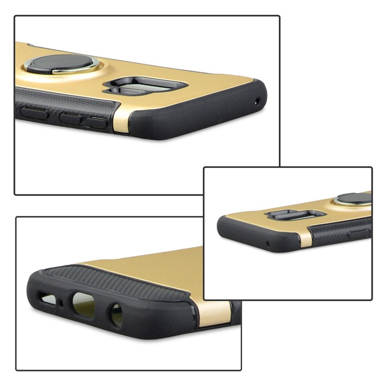 ANGIBABE Carbon Fiber Texture Kickstand TPU+PC Combo Case for Samsung Galaxy S9 SM-G960 - Gold-5