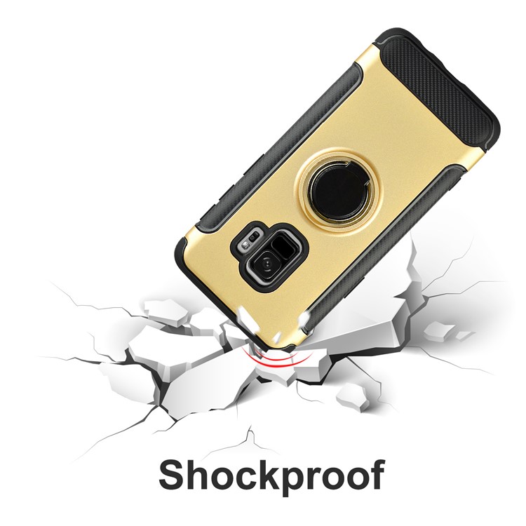 ANGIBABE Carbon Fiber Texture Kickstand TPU+PC Combo Case for Samsung Galaxy S9 SM-G960 - Gold-6