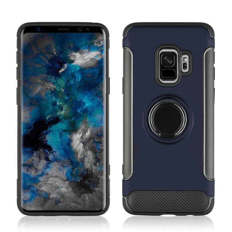 

ANGIBABE Carbon Fiber Texture Kickstand TPU+PC Hybrid Cover Shell for Samsung Galaxy S9 SM-G960 - Dark Blue