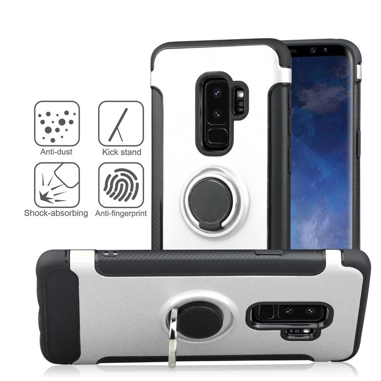 ANGIBABE Carbon Fiber Texture Ring Kickstand TPU+PC Back Case for Samsung Galaxy S9 Plus G965 - Silver-2