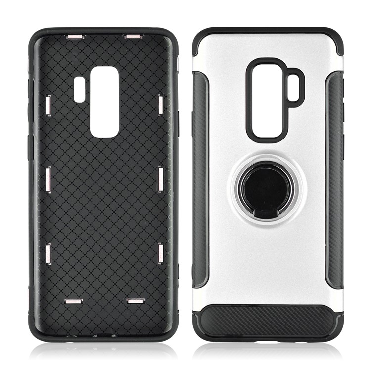 ANGIBABE Carbon Fiber Texture Ring Kickstand TPU+PC Back Case for Samsung Galaxy S9 Plus G965 - Silver-4