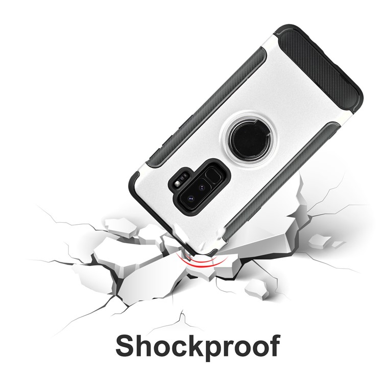 ANGIBABE Carbon Fiber Texture Ring Kickstand TPU+PC Back Case for Samsung Galaxy S9 Plus G965 - Silver-6