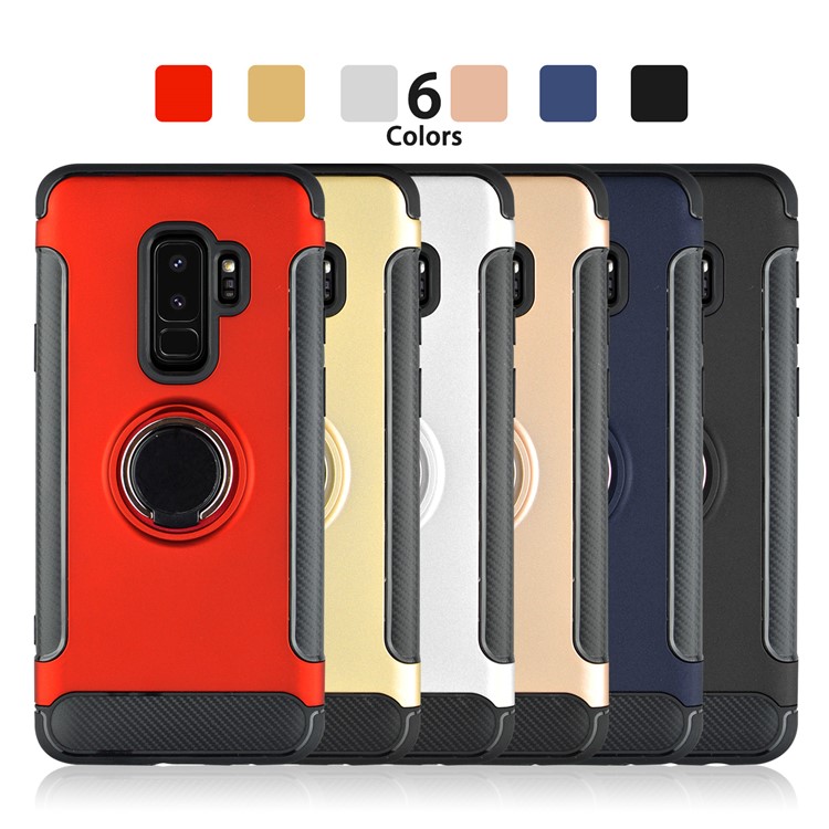 ANGIBABE Carbon Fiber Texture Ring Kickstand TPU+PC Back Case for Samsung Galaxy S9 Plus G965 - Silver-8