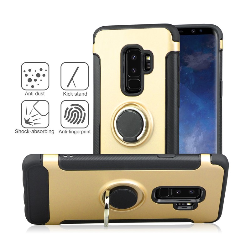 ANGIBABE Carbon Fiber Texture Ring Kickstand TPU+PC Phone Case for Samsung Galaxy S9 Plus G965 - Gold-2