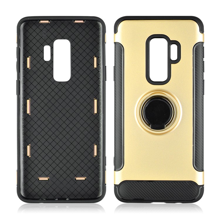 ANGIBABE Carbon Fiber Texture Ring Kickstand TPU+PC Phone Case for Samsung Galaxy S9 Plus G965 - Gold-4