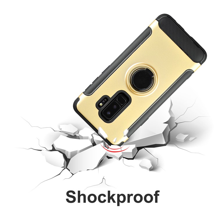 ANGIBABE Carbon Fiber Texture Ring Kickstand TPU+PC Phone Case for Samsung Galaxy S9 Plus G965 - Gold-6