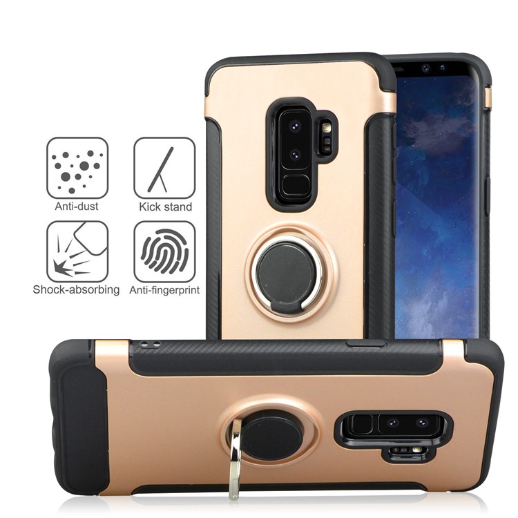 ANGIBABE Carbon Fiber Texture Ring Kickstand TPU+PC Mobile Cover for Samsung Galaxy S9 Plus G965 - Rose Gold-2