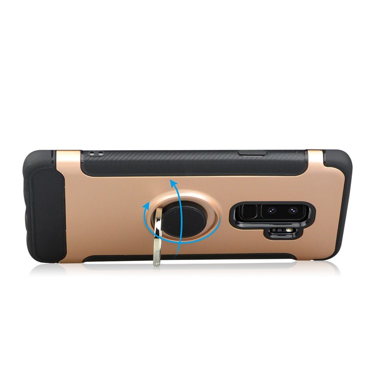 ANGIBABE Carbon Fiber Texture Ring Kickstand TPU+PC Mobile Cover for Samsung Galaxy S9 Plus G965 - Rose Gold-3