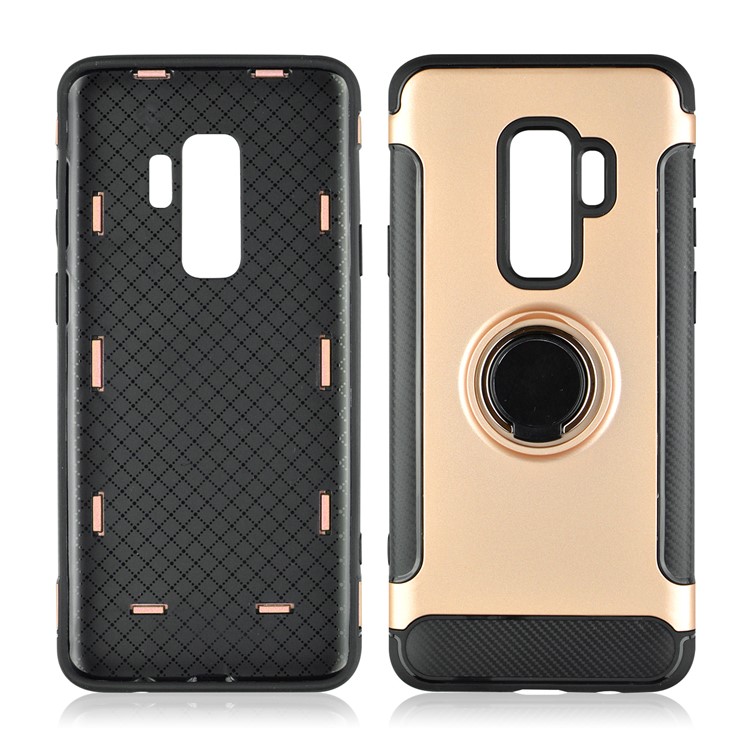ANGIBABE Carbon Fiber Texture Ring Kickstand TPU+PC Mobile Cover for Samsung Galaxy S9 Plus G965 - Rose Gold-4