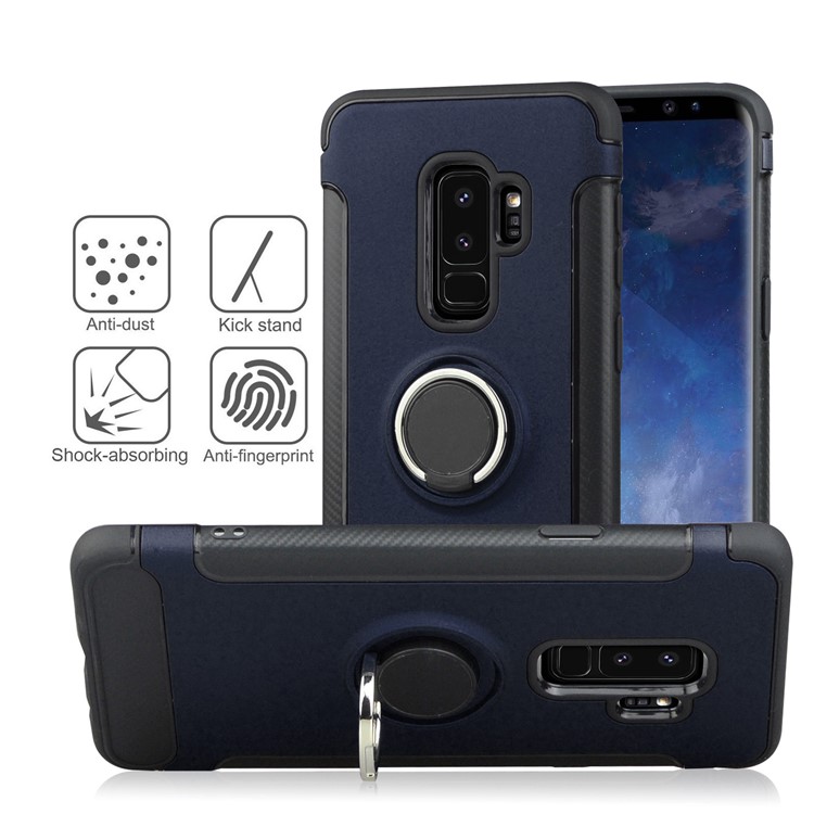 ANGIBABE Carbon Fiber Texture Ring Kickstand TPU+PC Phone Shell for Samsung Galaxy S9 Plus G965 - Dark Blue-2