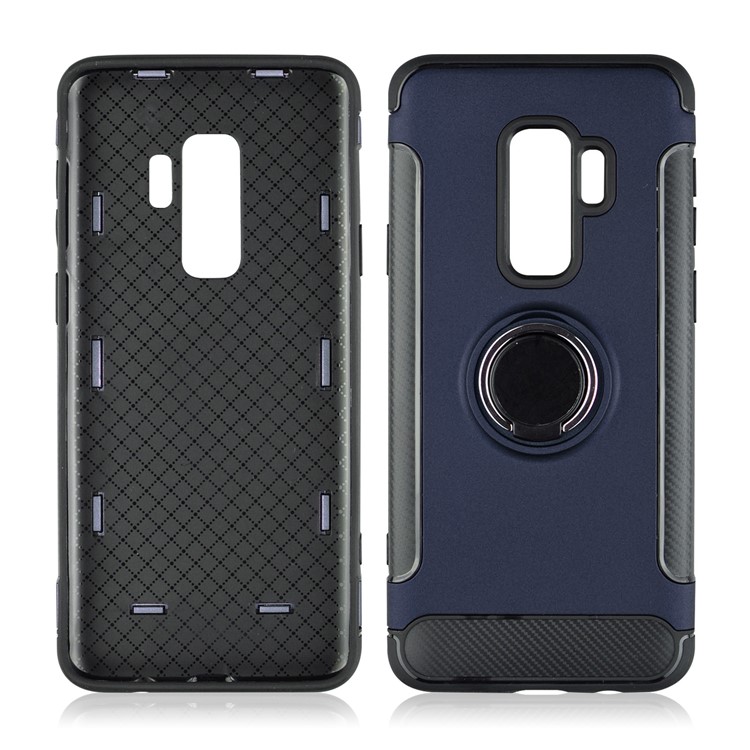 ANGIBABE Carbon Fiber Texture Ring Kickstand TPU+PC Phone Shell for Samsung Galaxy S9 Plus G965 - Dark Blue-4