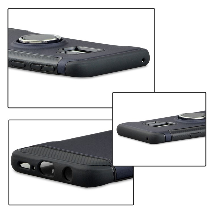 ANGIBABE Carbon Fiber Texture Ring Kickstand TPU+PC Phone Shell for Samsung Galaxy S9 Plus G965 - Dark Blue-5