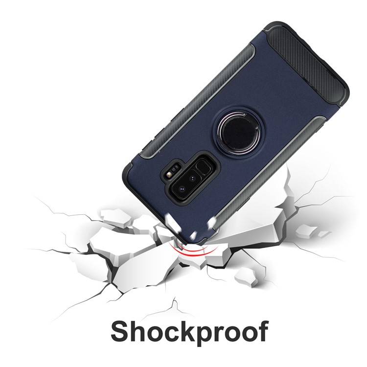 ANGIBABE Carbon Fiber Texture Ring Kickstand TPU+PC Phone Shell for Samsung Galaxy S9 Plus G965 - Dark Blue-6
