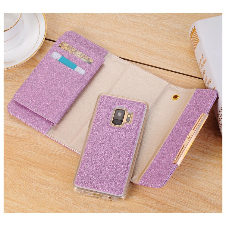 Для Samsung Galaxy S9 Съемный 2-в-1 Блеск Порошок Алмаз PU Кожаный Кошелек + TPU Задняя Крышка Телефона - Пурпурный-10
