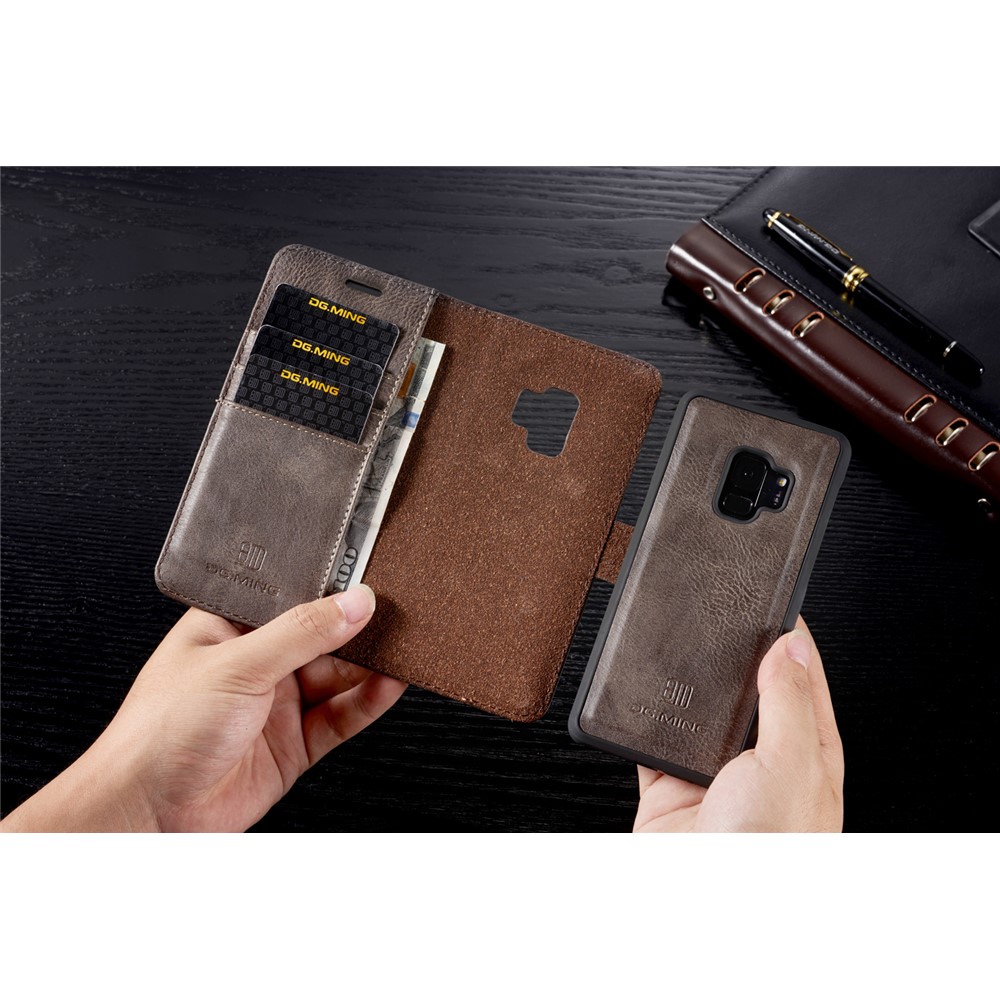 DG.MING Detachable 2-in-1 Split Leather Wallet Cover + PC Back Case for Samsung Galaxy S9 SM-G960 - Coffee-12