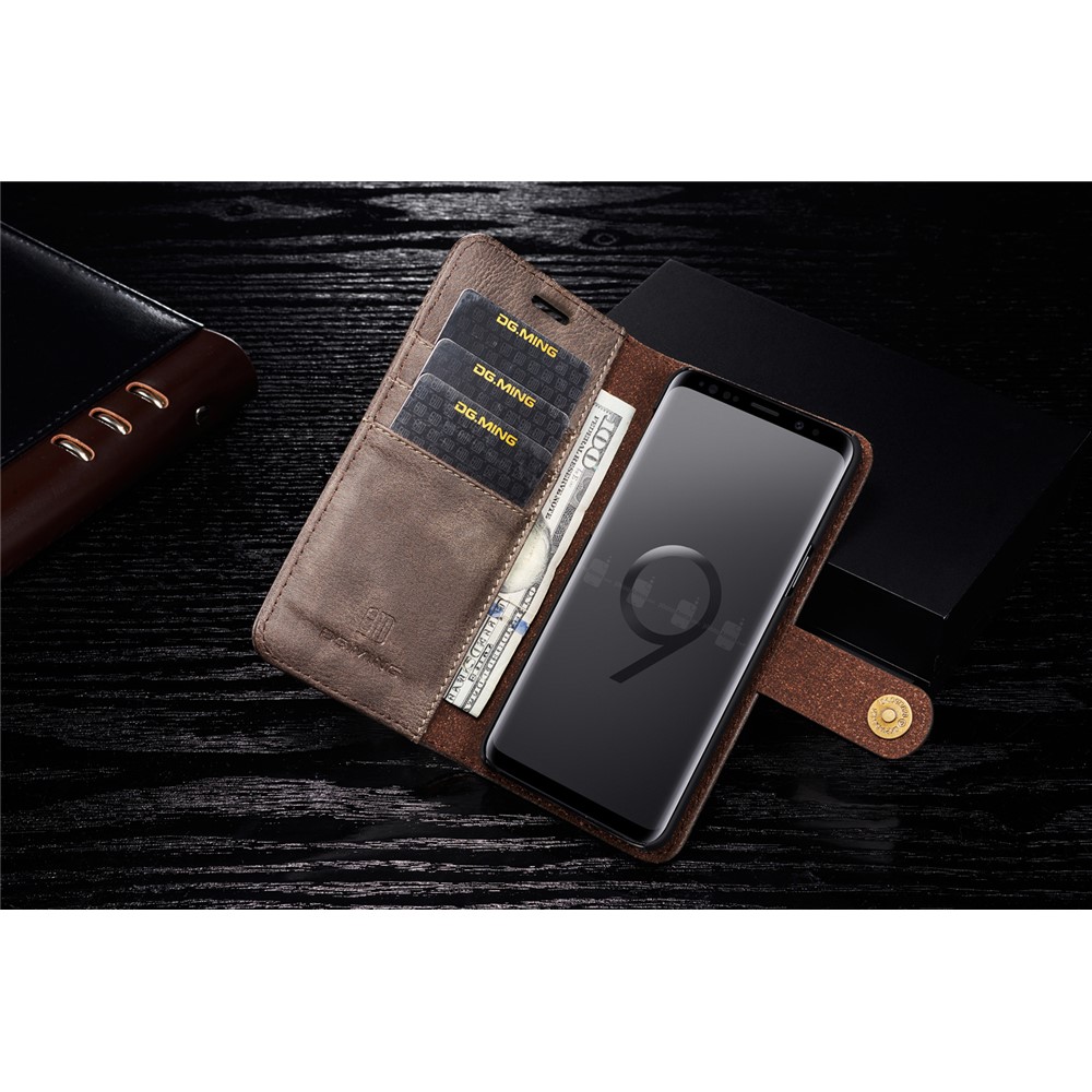 DG.MING Detachable 2-in-1 Split Leather Wallet Cover + PC Back Case for Samsung Galaxy S9 SM-G960 - Coffee-5