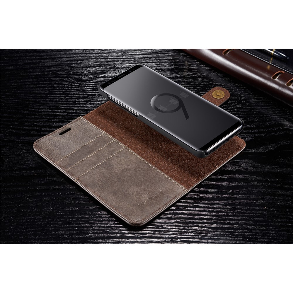 DG.MING Detachable 2-in-1 Split Leather Wallet Cover + PC Back Case for Samsung Galaxy S9 SM-G960 - Coffee-9