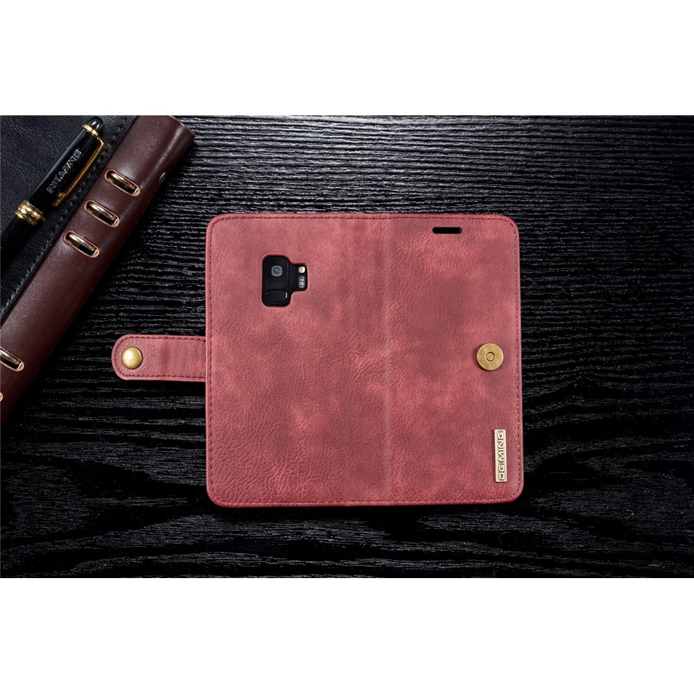 DG.MING Detachable 2-in-1 Split Leather Wallet Cell Phone Cover + PC Back Case for Samsung Galaxy S9 SM-G960 - Red-10