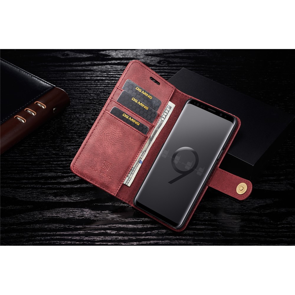 DG.MING Detachable 2-in-1 Split Leather Wallet Cell Phone Cover + PC Back Case for Samsung Galaxy S9 SM-G960 - Red-5