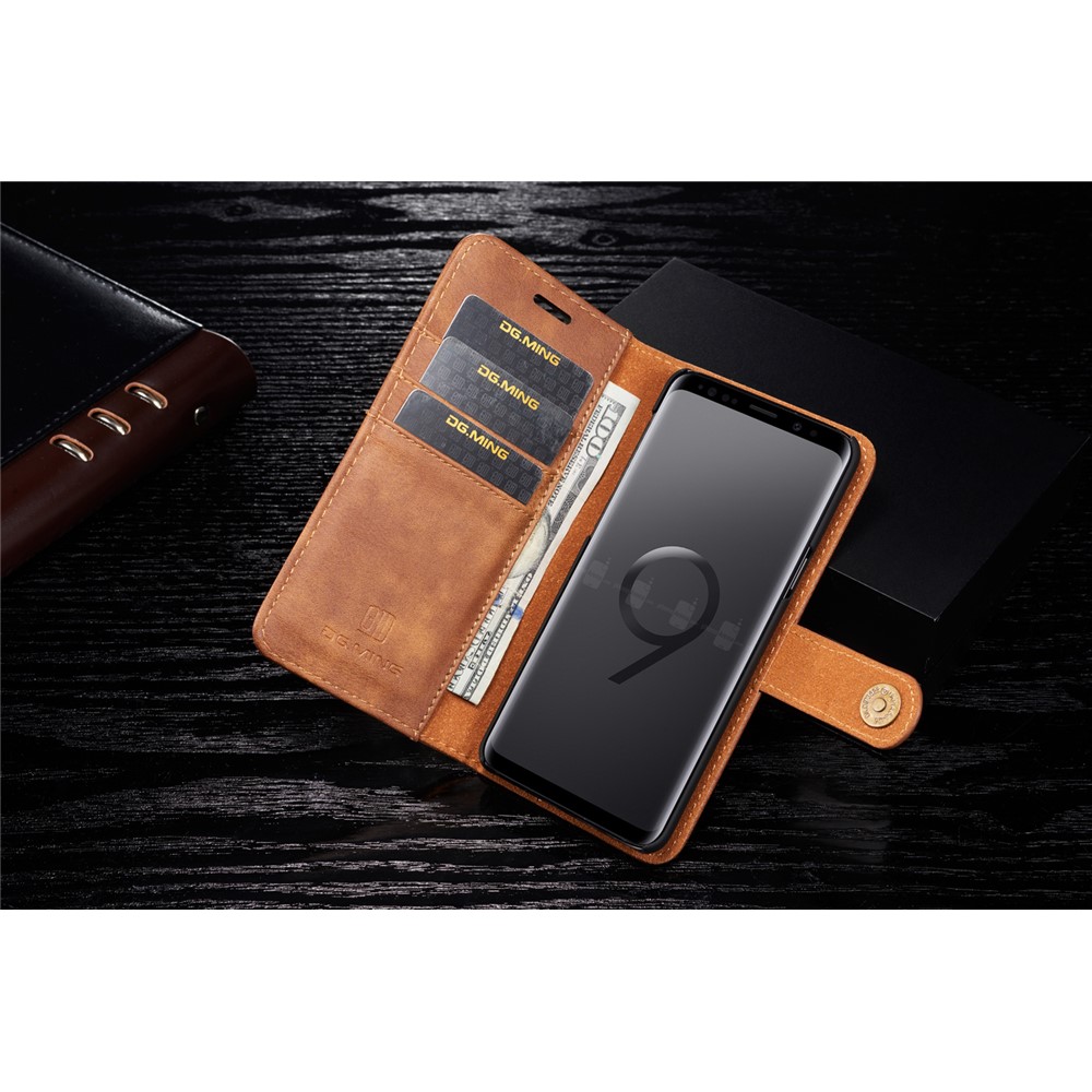 DG.MING Detachable 2-in-1 Split Leather Wallet Mobile Shell + PC Back Case for Samsung Galaxy S9 SM-G960 - Brown-5