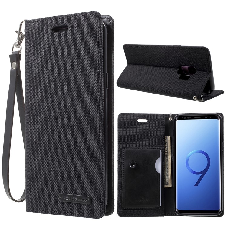 MERCURY GOOSPERY Jeans Cloth Flip Wallet Leather Case with Strap for Samsung Galaxy S9 SM-G960 - Black-1
