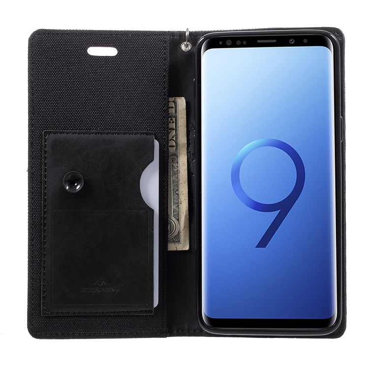 MERCURY GOOSPERY Jeans Cloth Flip Wallet Leather Case with Strap for Samsung Galaxy S9 SM-G960 - Black-6