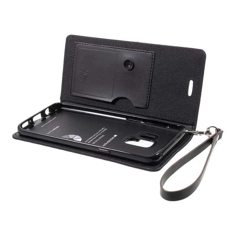 MERCURY GOOSPERY Jeans Cloth Flip Wallet Leather Case with Strap for Samsung Galaxy S9 SM-G960 - Black-7