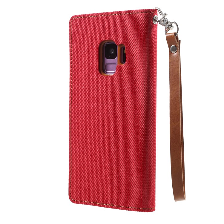 MERCURY GOOSPERY Jeans Cloth Flip Wallet Leather Shell with Strap for Samsung Galaxy S9 SM-G960 - Red-3