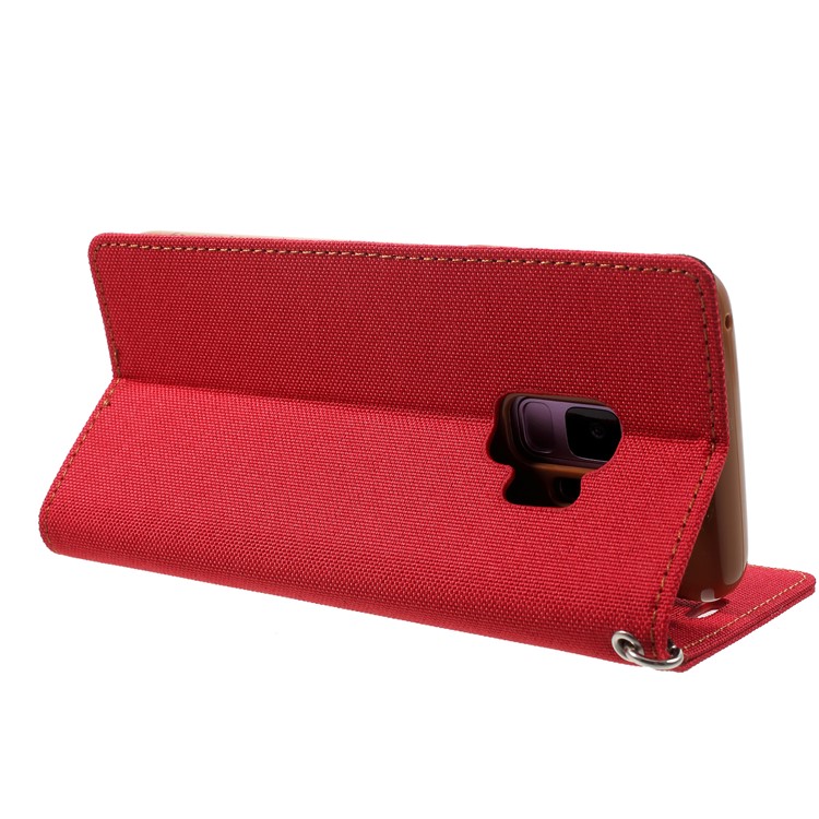 MERCURY GOOSPERY Jeans Cloth Flip Wallet Leather Shell with Strap for Samsung Galaxy S9 SM-G960 - Red-5
